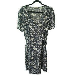 LOFT Outlet Floral Print V‎ Neck Smocked Waist Midi Dress Womens XL Black Green